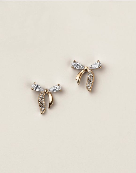 Sterling Silver Golden Bow CZ Earrings