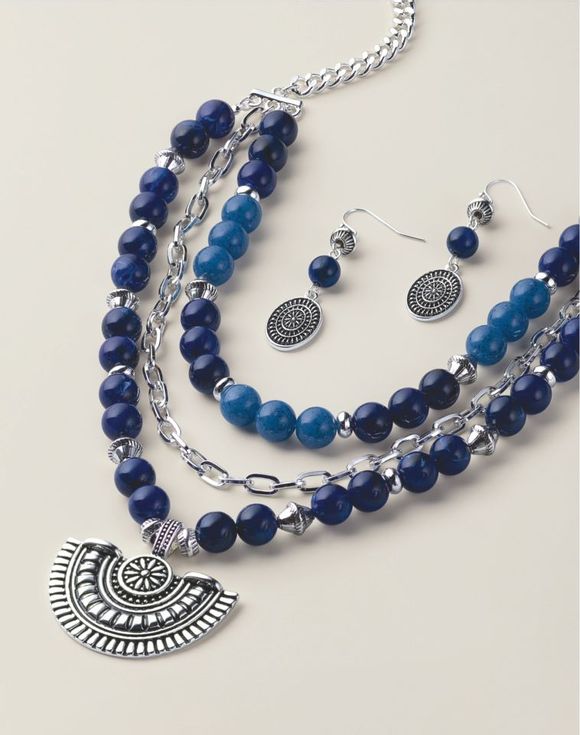Blue Tribal Charm Necklace and Earring Set